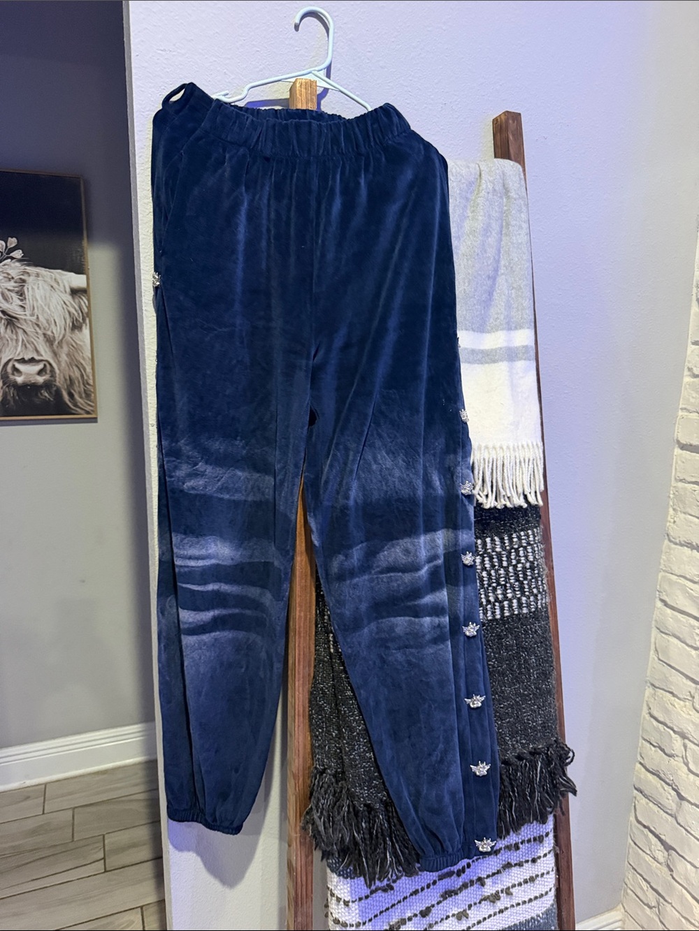 Boys Lie Navy Velour Track Pants with Side Snap Details